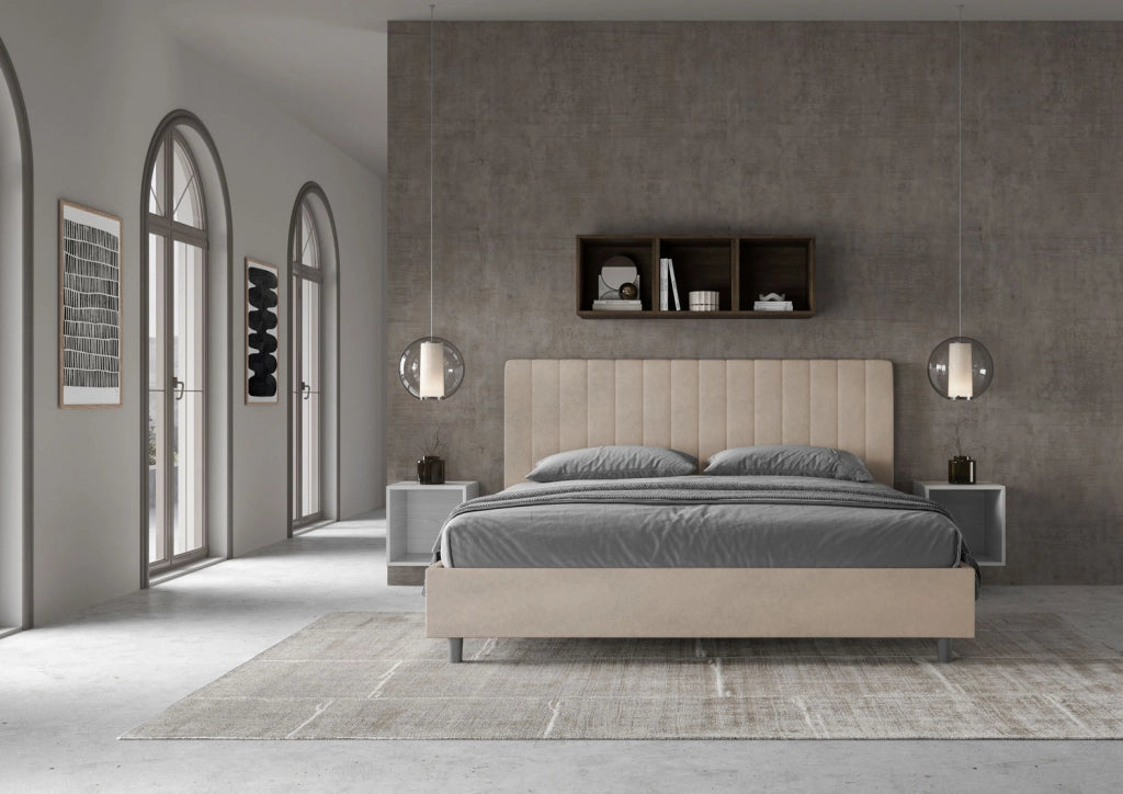 BS COM Letto matrimoniale king size con rete imbottito 180x190 microfibra sabbia