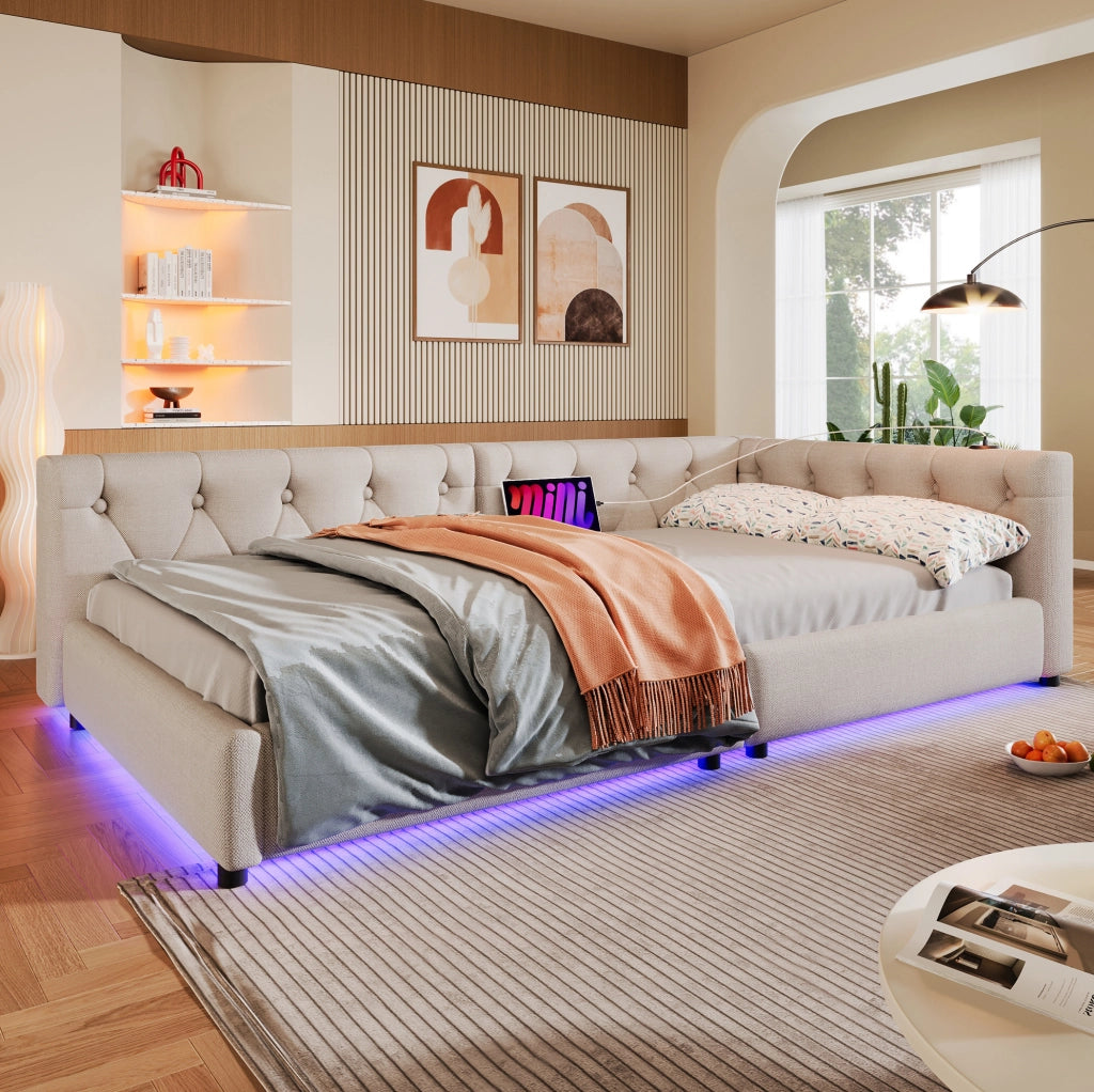 Divano letto con rete a doghe, LED e porte USB-C, Beige