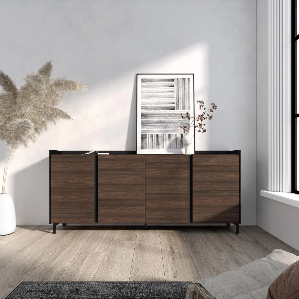 Credenza, Mobile, Cucina, 207x91x35 cm, 4 Porte, Design industriale, Rovere scuro e Nero