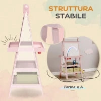 Lavagna per Bambini con Cavalletto 3 in 1, Rotolo di Carta e 2 Contenitori, in Legno, 59x48x118 cm, Rosa