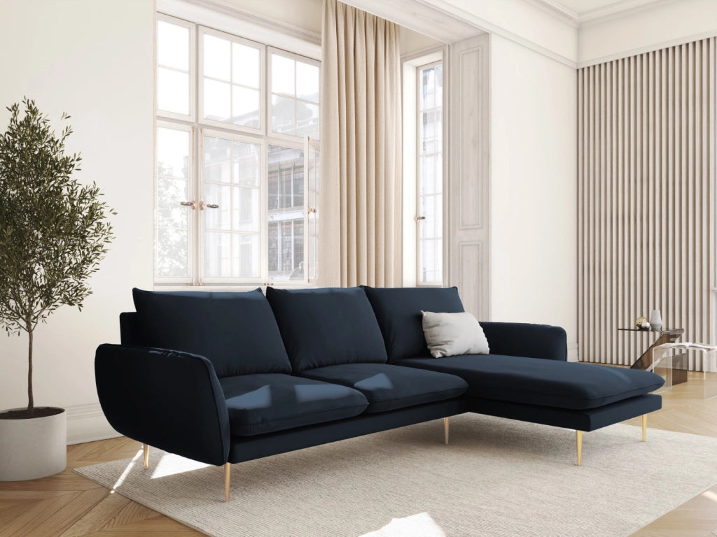 Cosmopolitan Design - Divano angolare destro "Vienna" 5 posti in velluto blu scuro 