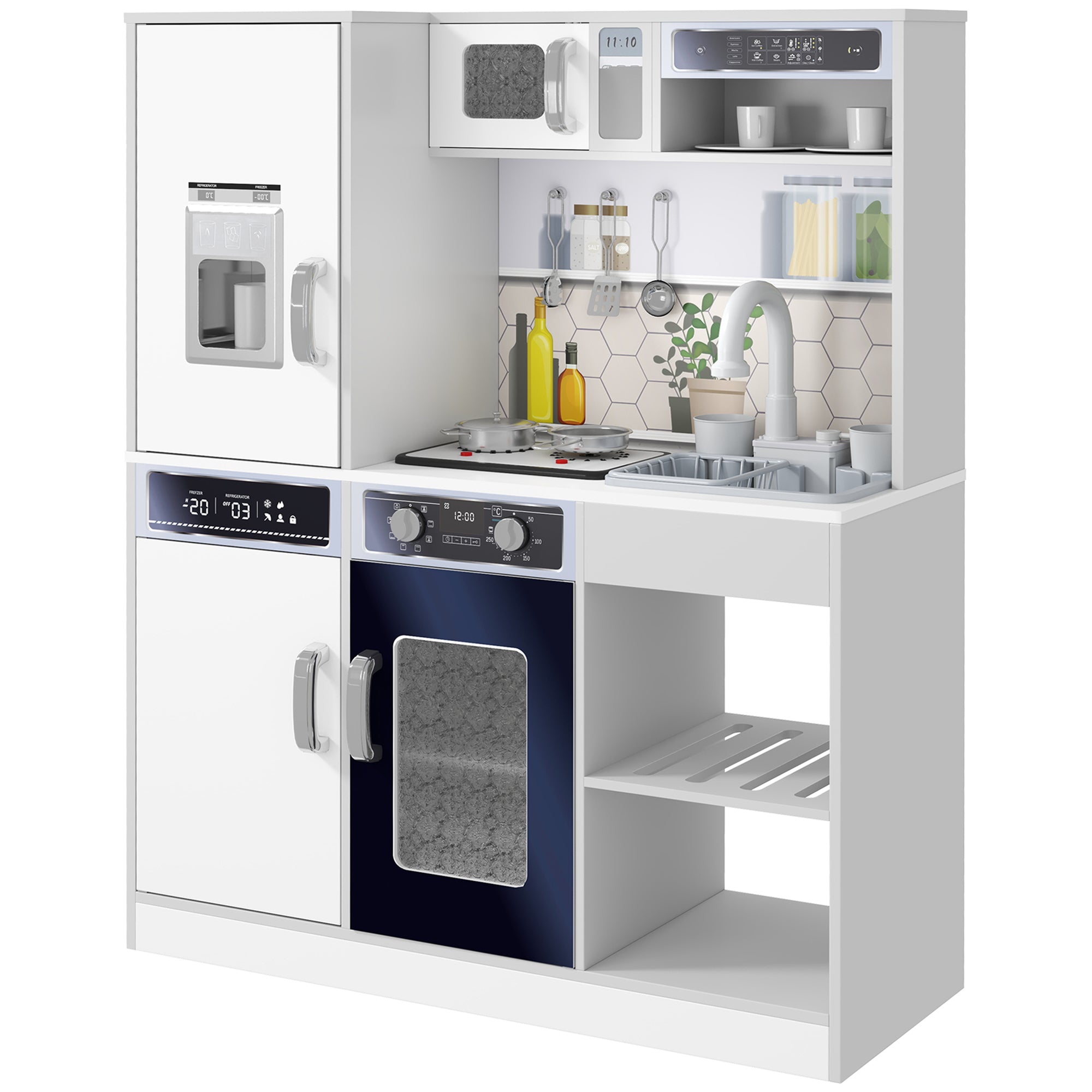 Set Cucina Giocattolo in Legno con Fornello con Luci e Suoni, Lavello con Circolo d'Acqua e Accessori, Bianco