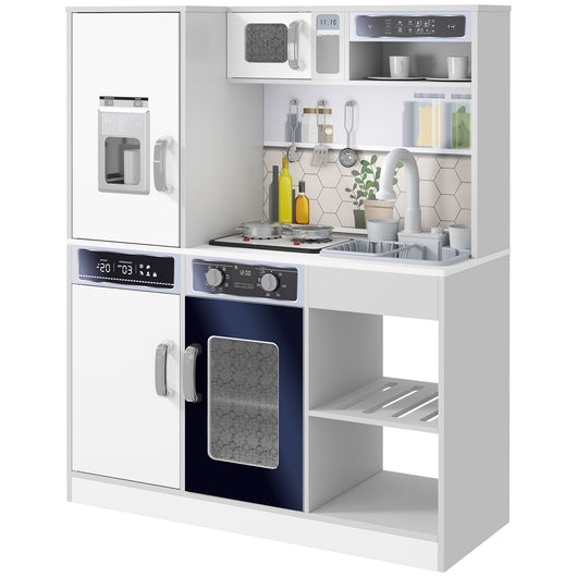 Set Cucina Giocattolo in Legno con Fornello con Luci e Suoni, Lavello con Circolo d'Acqua e Accessori, Bianco