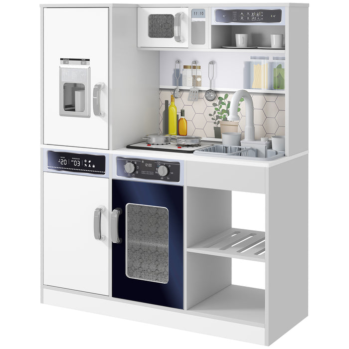 Set Cucina Giocattolo in Legno con Fornello con Luci e Suoni, Lavello con Circolo d'Acqua e Accessori, Bianco
