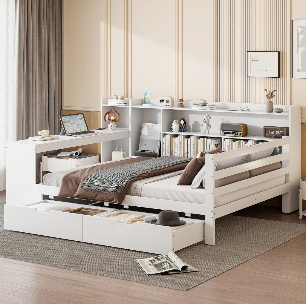 Divano letto 140x200 cm multifunzionale con scrivania e presa in legno bianco