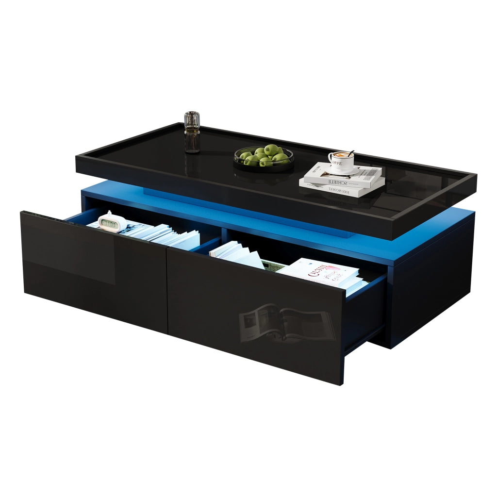 OKWISH Tavolino da Salotto con 2 Cassetti e Vano Semiaperto, LED con Controllo da App, per Soggiorno, Pannello di Truciolare, Nero, 95 x 45 x 35 cm