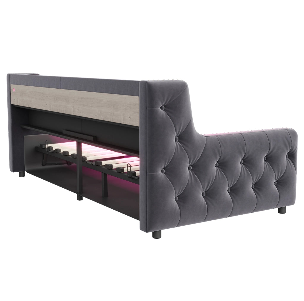 Divano letto imbottito 90x200 cm con contenitore; LED; mensola; presa USB e Type-C; velluto grigio