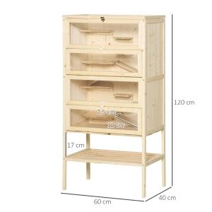 Gabbia per piccoli animali in legno con 5 livelli, tetto a griglia e finestre in plexiglas, 60 x 40 x 120 cm, colore naturale