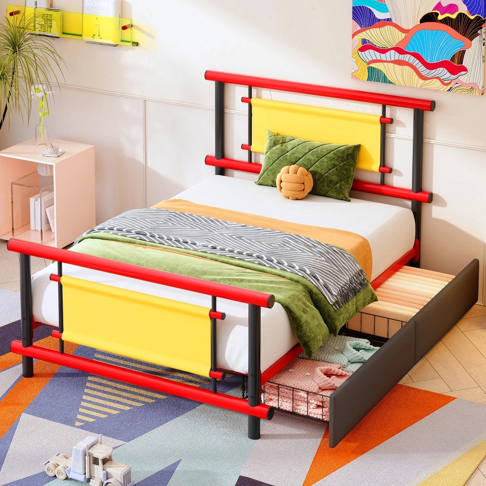 Letto singolo per bambini con cassetti - Zephmum- 90x200 cm - Colori vivaci - Struttura in acciaio robusta e spazio