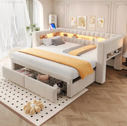 Divano letto imbottito 90x190 cm estensibile 180x190 cm con cassetti; LED; USB e Type-C; beige