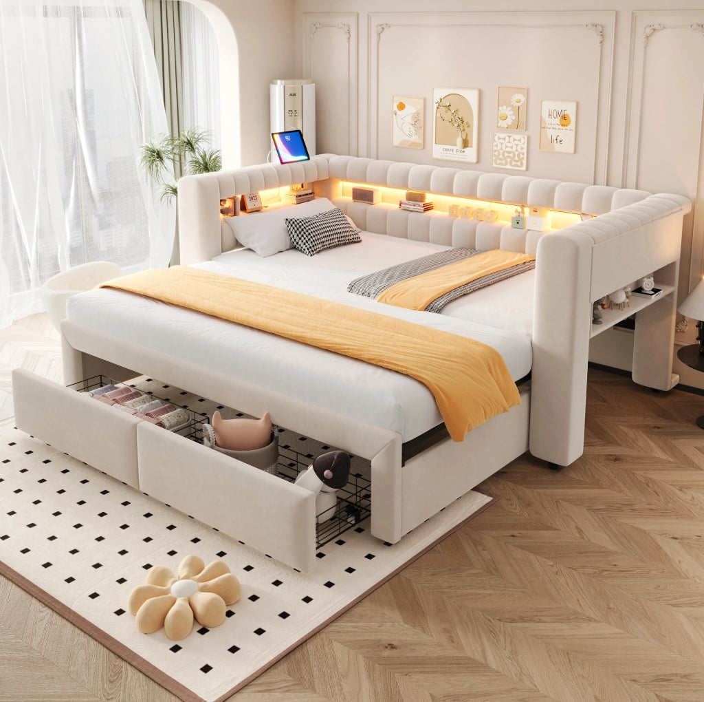 Divano letto imbottito 90x190 cm estensibile 180x190 cm con cassetti; LED; USB e Type-C; beige