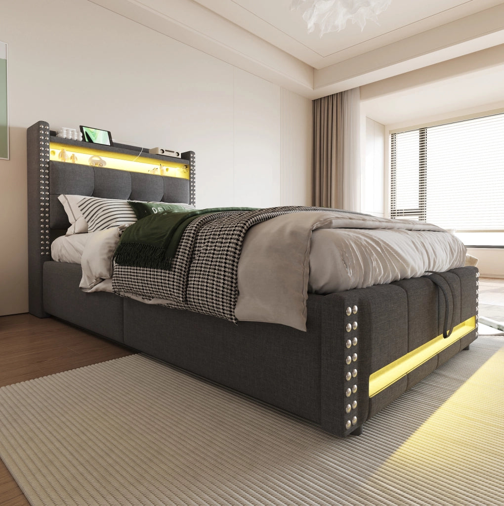 Letto imbottito singolo grigio 90 x 200 cm con LED, USB e contenitore