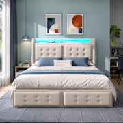 Letto imbottito 140x200 cm con LED, porte di ricarica USB-C e USB, 4 cassetti, struttura in legno e metallo, Beige