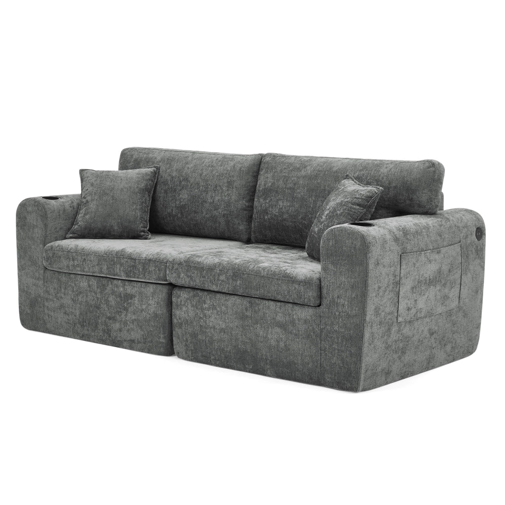Divano relax 2 posti con tasca laterale; portabicchieri; USB e cuscini in chenille grigio