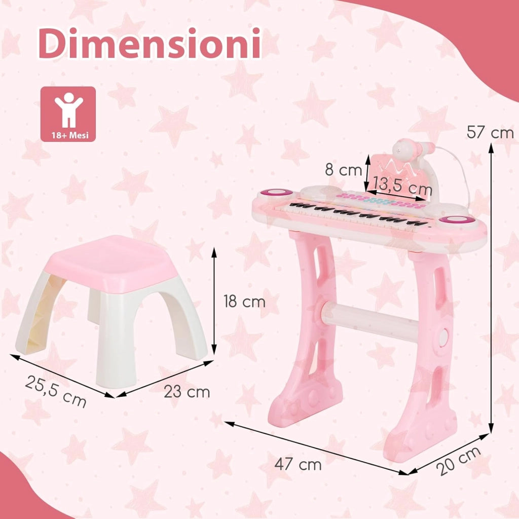Tastiera Pianoforte a 37 Tasti per Bambini, Piano Elettronico per Bambini con Microfono, Sgabello e Supporto per Spartiti, 8 Ritmi e 8 Strumenti, per Bambini 18+ Mesi (Rosa)