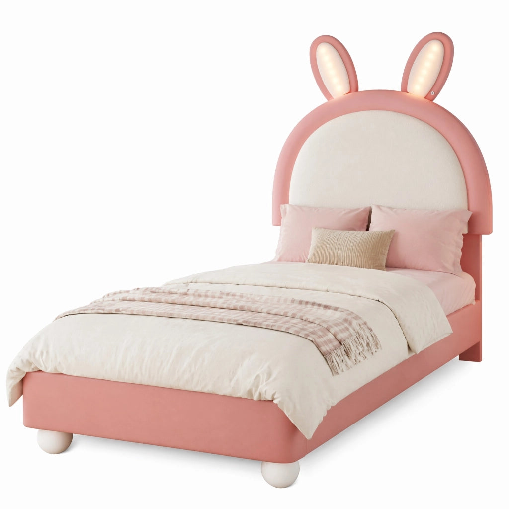 Letto imbottito 90x200 cm con LED e testiera a forma di coniglio in PU rosa