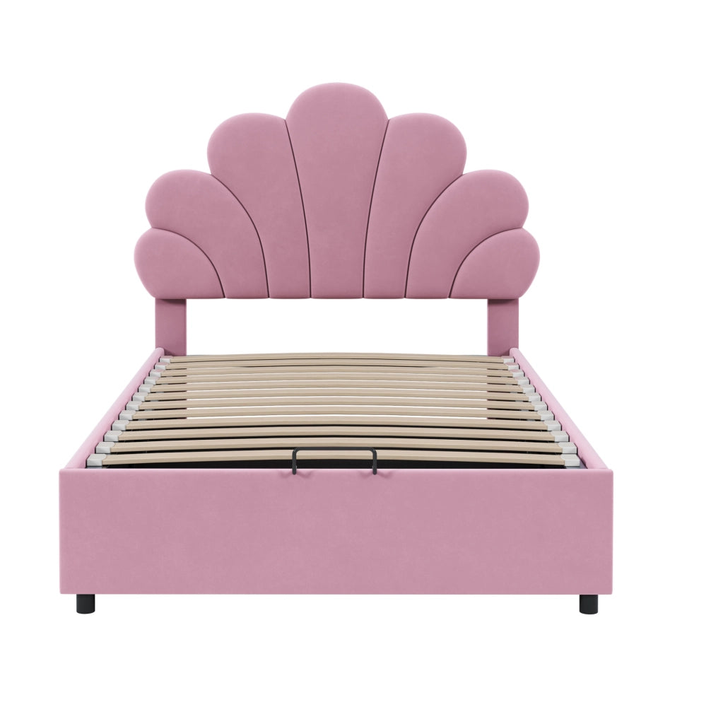 Letto imbottito 90x200 cm con contenitore idraulico e testiera floreale rosa