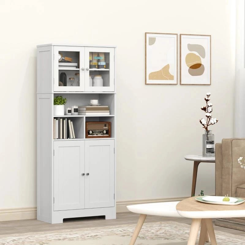 CREDENZA CUCINA CON 2 ARMADIETTI E 3 VANI APERTI, ANTE A VETRO E RIPIANI REGOLABILI, 60X30X145.5 CM, BIANCO