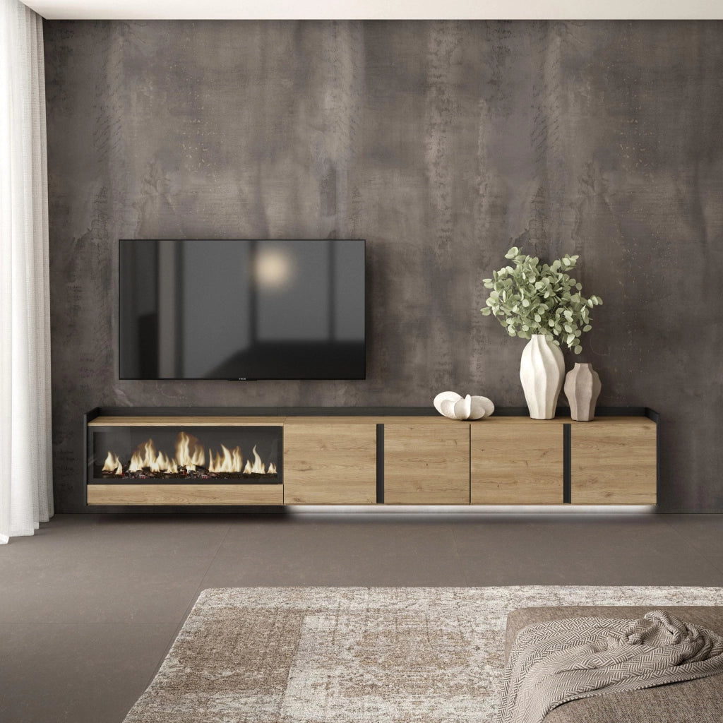 Mobile TV Soggiorno, 315x50x35 cm, Per TV fino a 80", Camino elettrico XXL, Sospeso, da appendere, LED, Rovere e nero