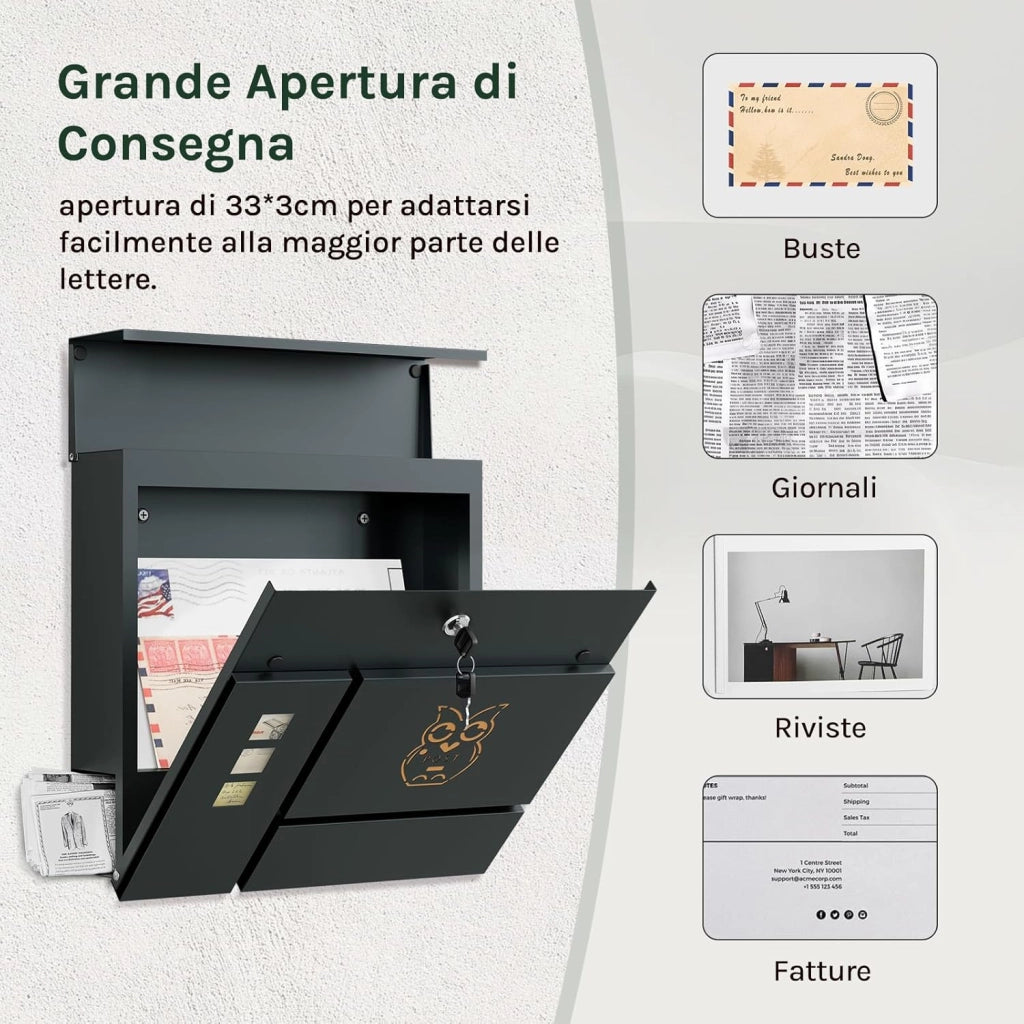 Cassetta per Lettere, con Serratura, Finestre di Visualizzazione, Fessura 33,8x3 cm, Coperchio Incernierato, Scomparto per Giornali, 37x10,5x37 cm, Antracite