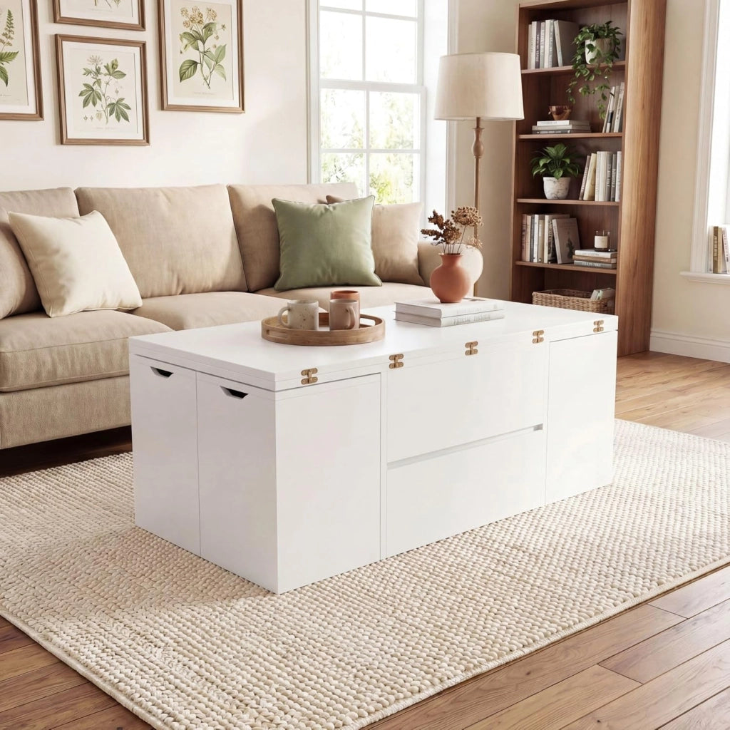 Tavolino da Caffè Sollevabile, Tavolini Salotto Moderno con 4 Sgabelli Ripiegabili, Vano Nascosto, 1 Cassetto, Carico 75 KG, Tavolo per Salotto, Ufficio, 100 X 100 X 62 CM (Bianco)
