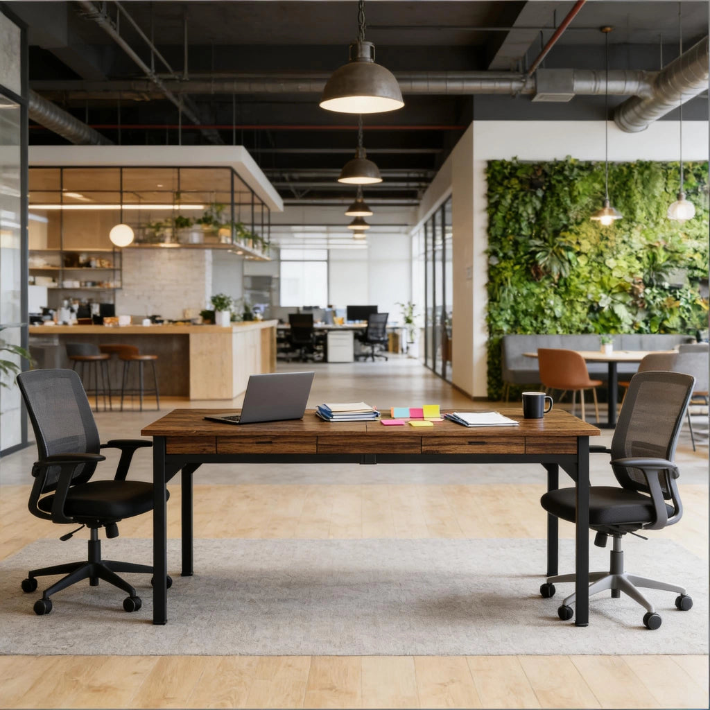 Scrivania lineare per 2 persone con 2 cassetti e 2 ganci stile rustico per ufficio in metallo e legno 200 × 60 × 82 cm