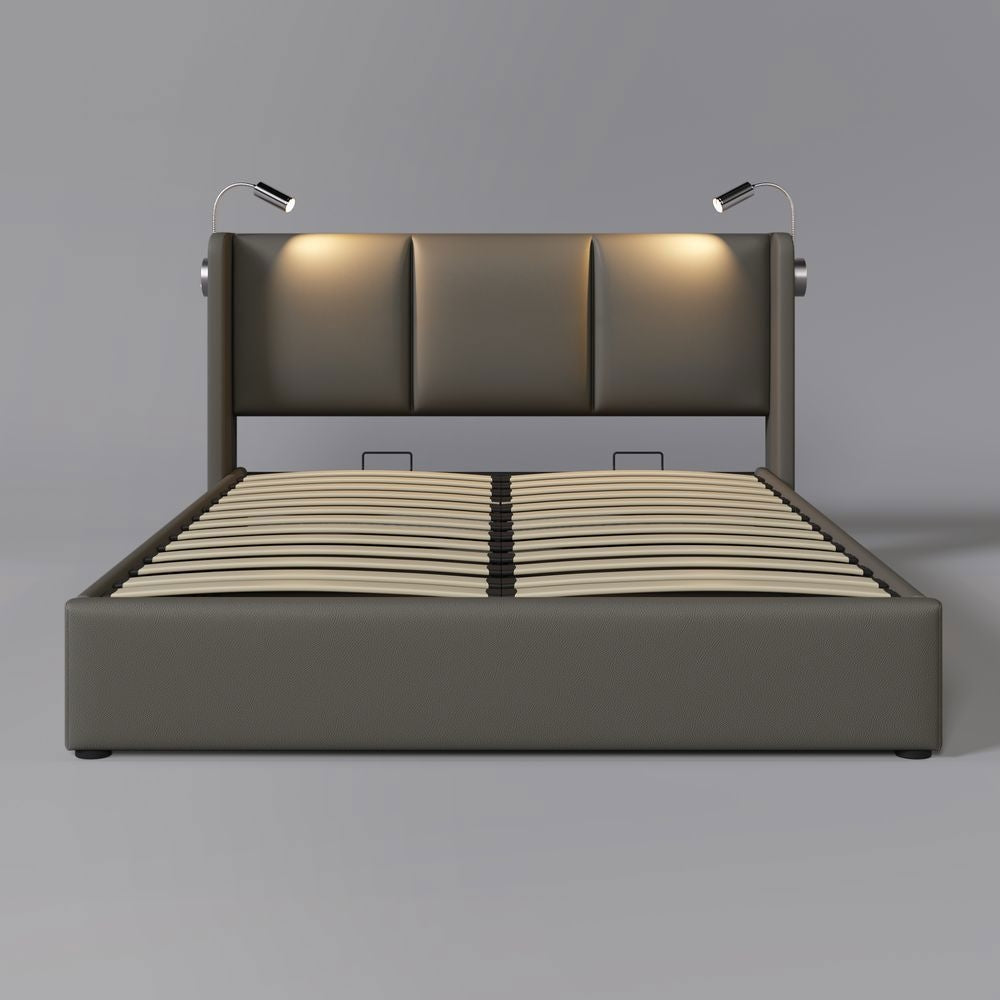 Letto con cassetti - Xylo - 140x200 - Grigio - Caricamento USB, luce LED per la lettura