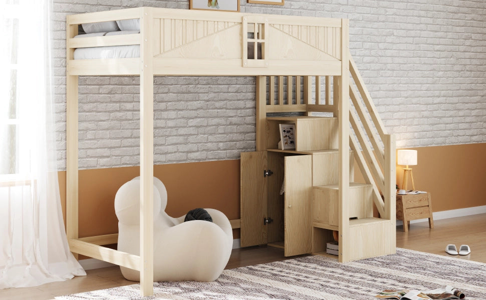 DESMIU Letto a soppalco 1 posto con contenitore, scala reversibile e finestra 90 × 200 cm, senza materasso