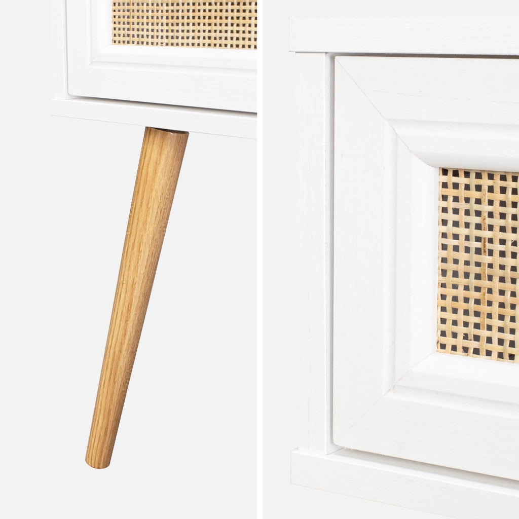 Set 2 comodini effetto legno e cannage, bianco sporco