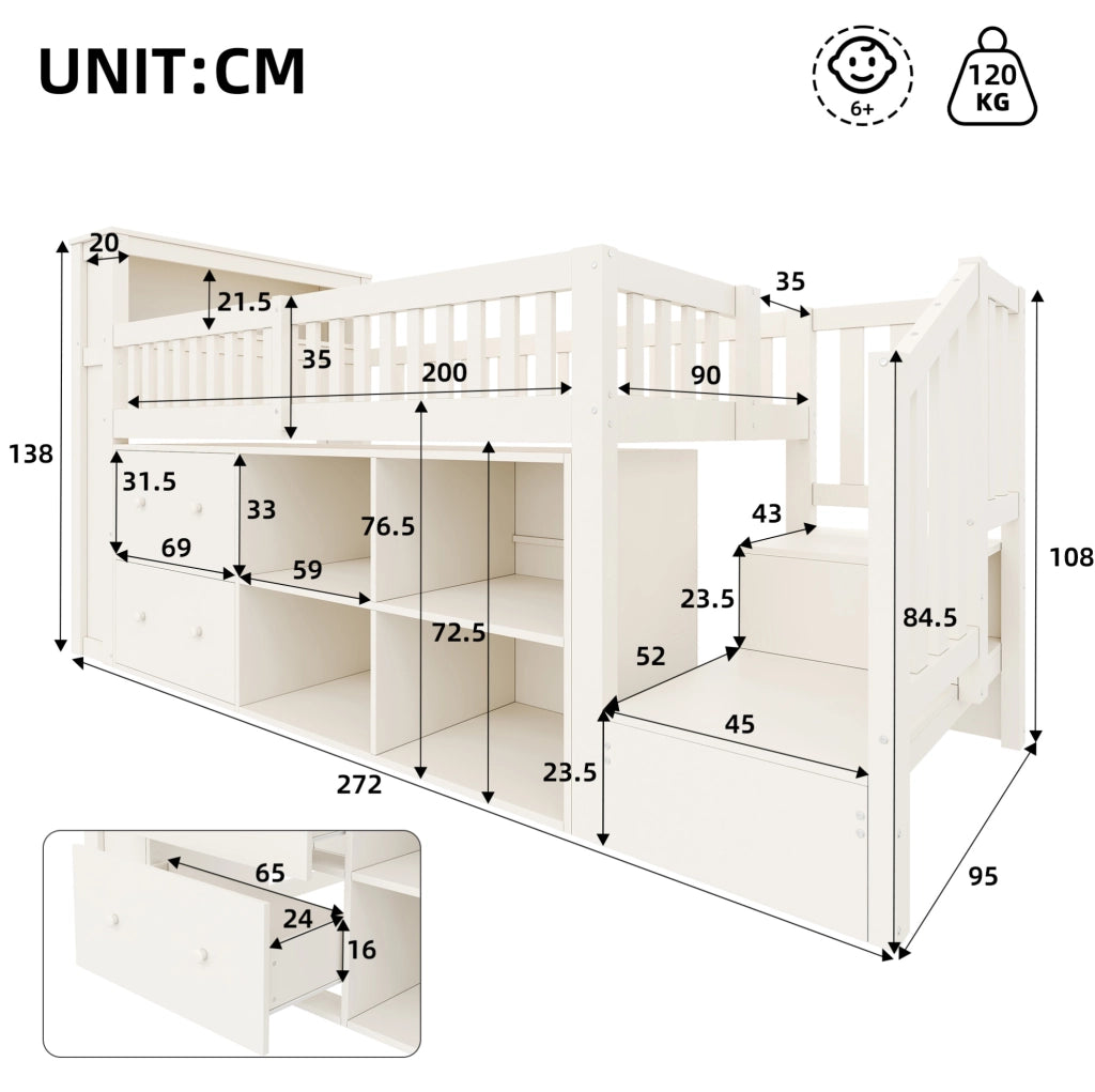Letto a soppalco 90x200 cm con scala; contenitori; USB e LED; bianco