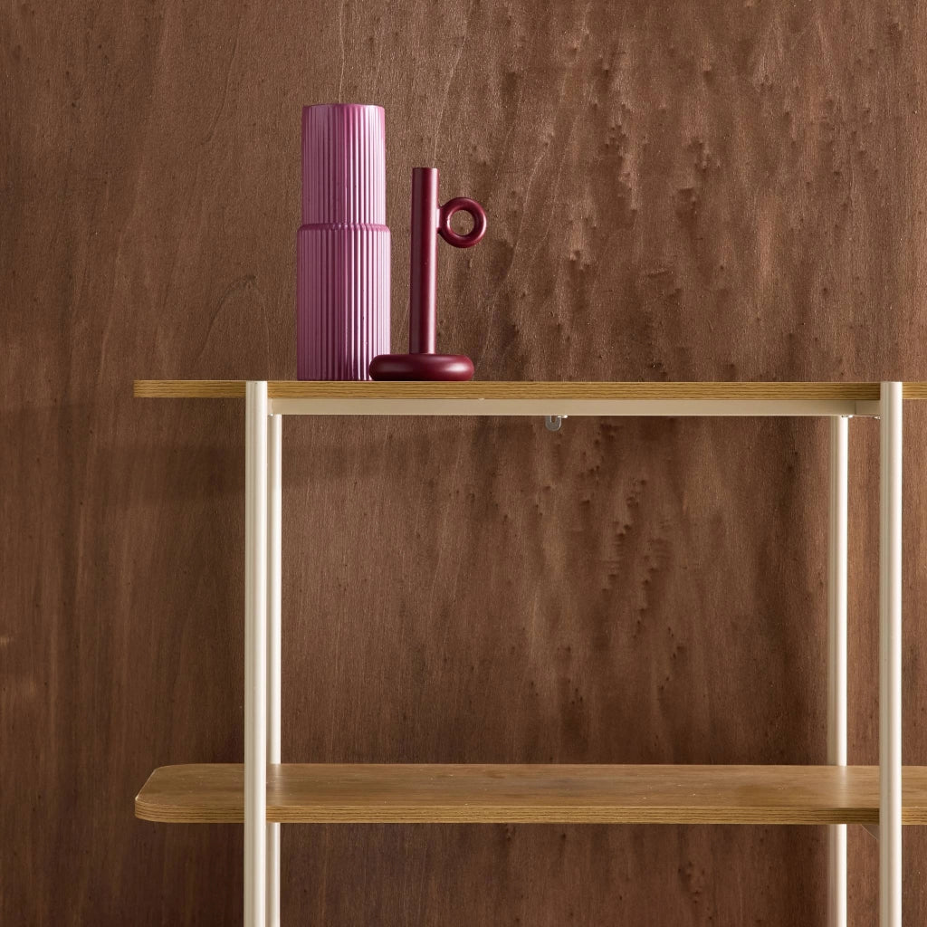 Libreria in metallo curvato e legno a 6 livelli, beige