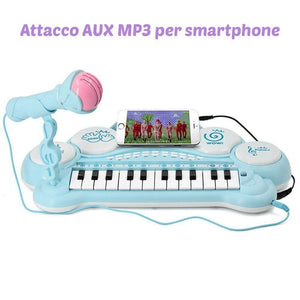 Pianola Tastiera Giocattolo Bambini 24 Tasti Microfono Attacco Mp3 Supporto Blu