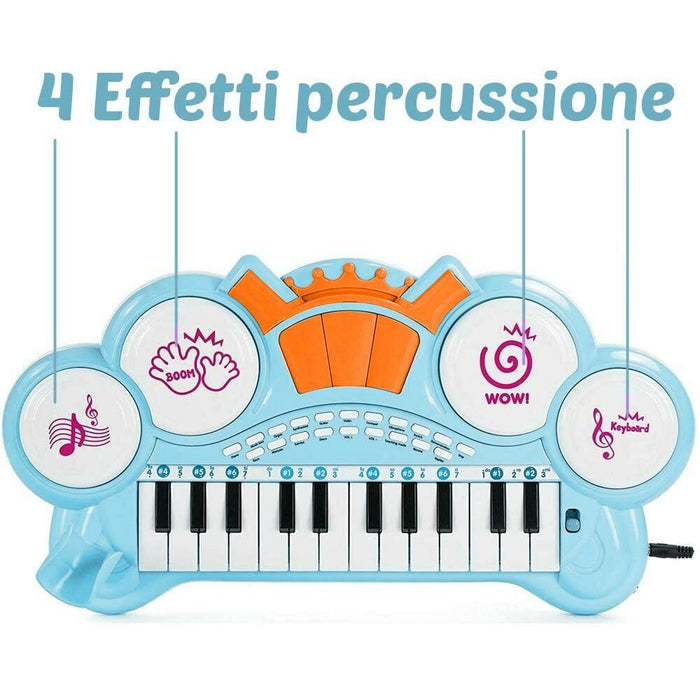 Pianola Tastiera Giocattolo Bambini 24 Tasti Microfono Attacco Mp3 Supporto Blu