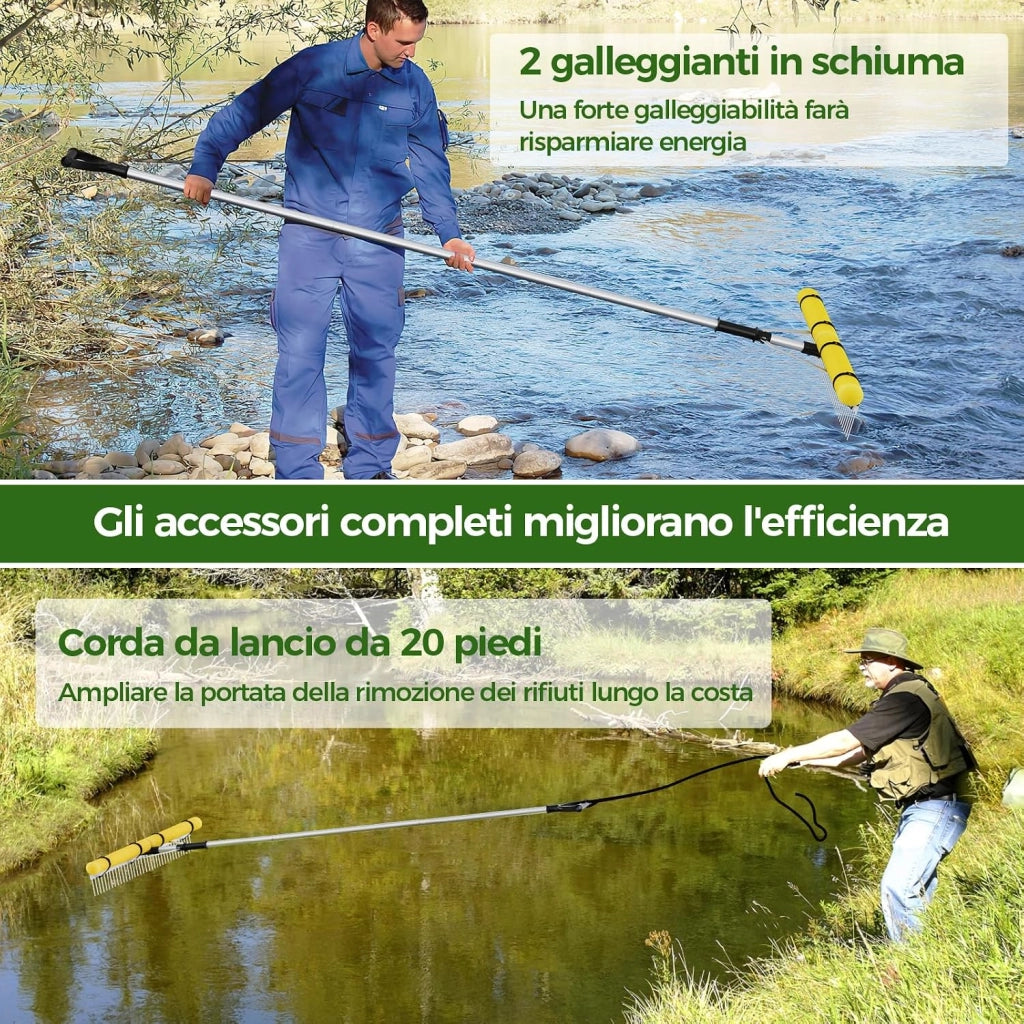 Rastrello da Lago in Alluminio, Rastrello da Giardino 36 Denti con Testa del Rastrello 92 cm, Manico Telescopico Regolabile e 600 cm Corda da Lancio per Ambienti Terra/Acqua, 230 x 92 cm