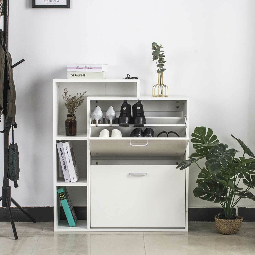 Scarpiera 2 Ante Doppia Profondita + Scaffale Libreria 4 Ripiani Bianco 80x24x90