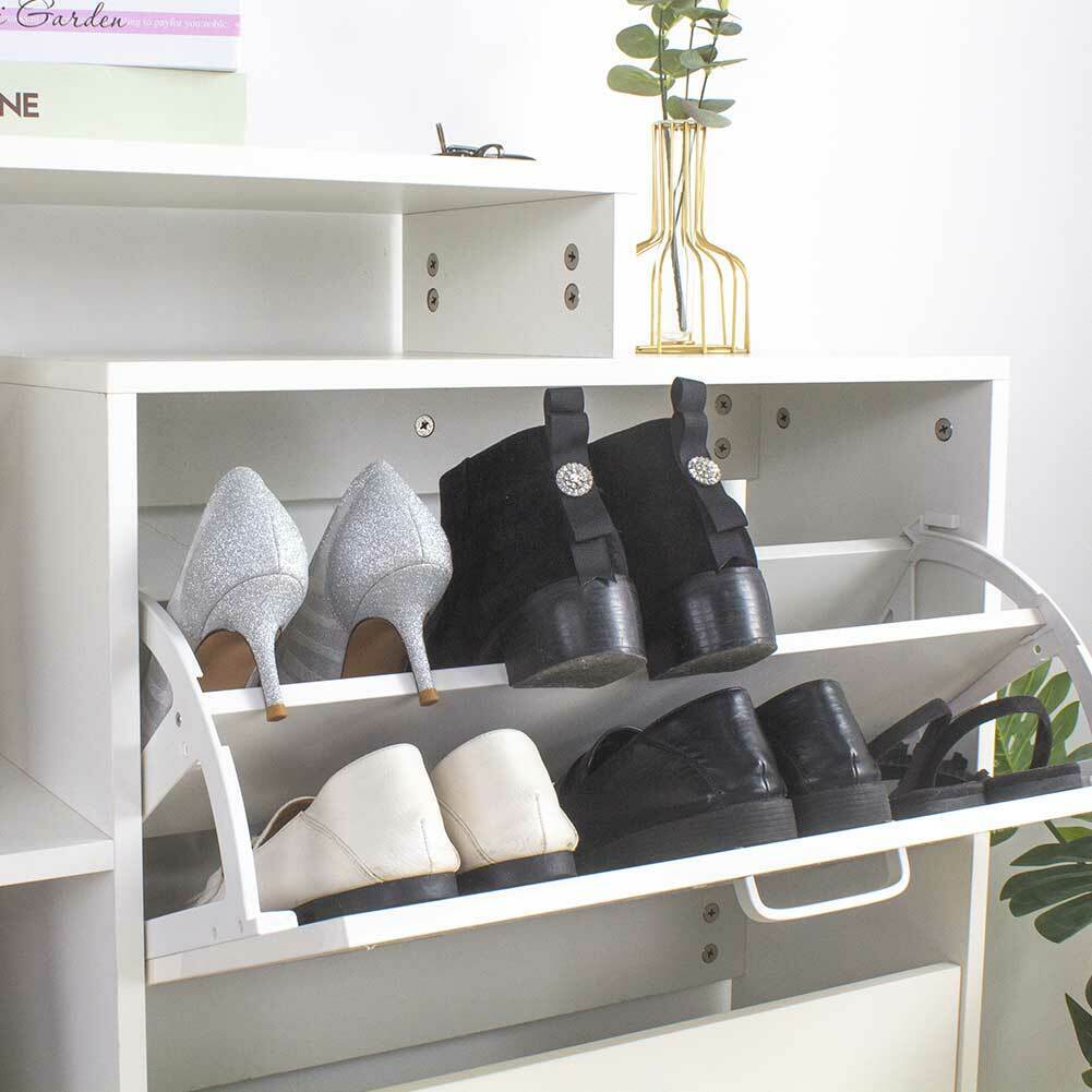 Scarpiera 2 Ante Doppia Profondita + Scaffale Libreria 4 Ripiani Bianco 80x24x90