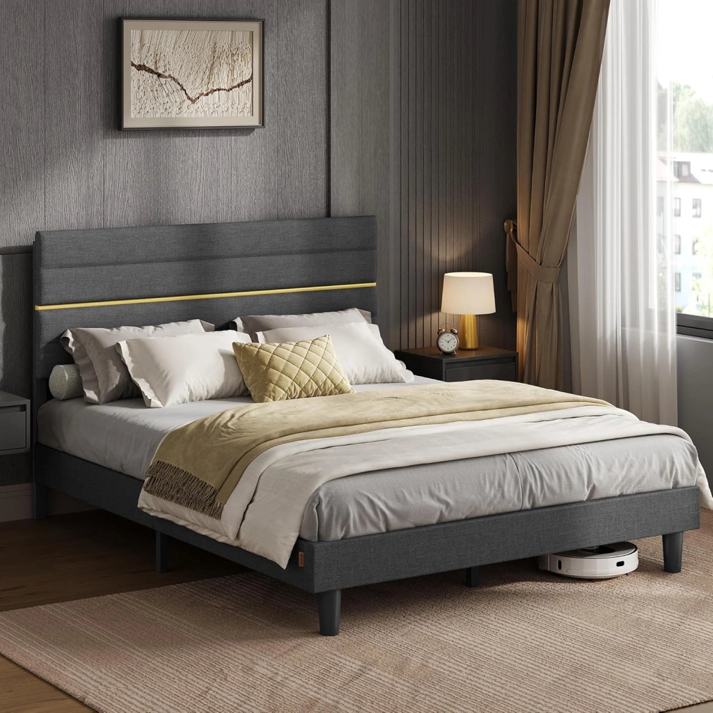 VASAGLE Struttura Letto Matrimoniale, Telaio Letto, per Materasso 140 x 200 cm, Testiera Imbottita Regolabile, Metallo e Legno, Moderno, Beige Cappuccino RMB504LH01