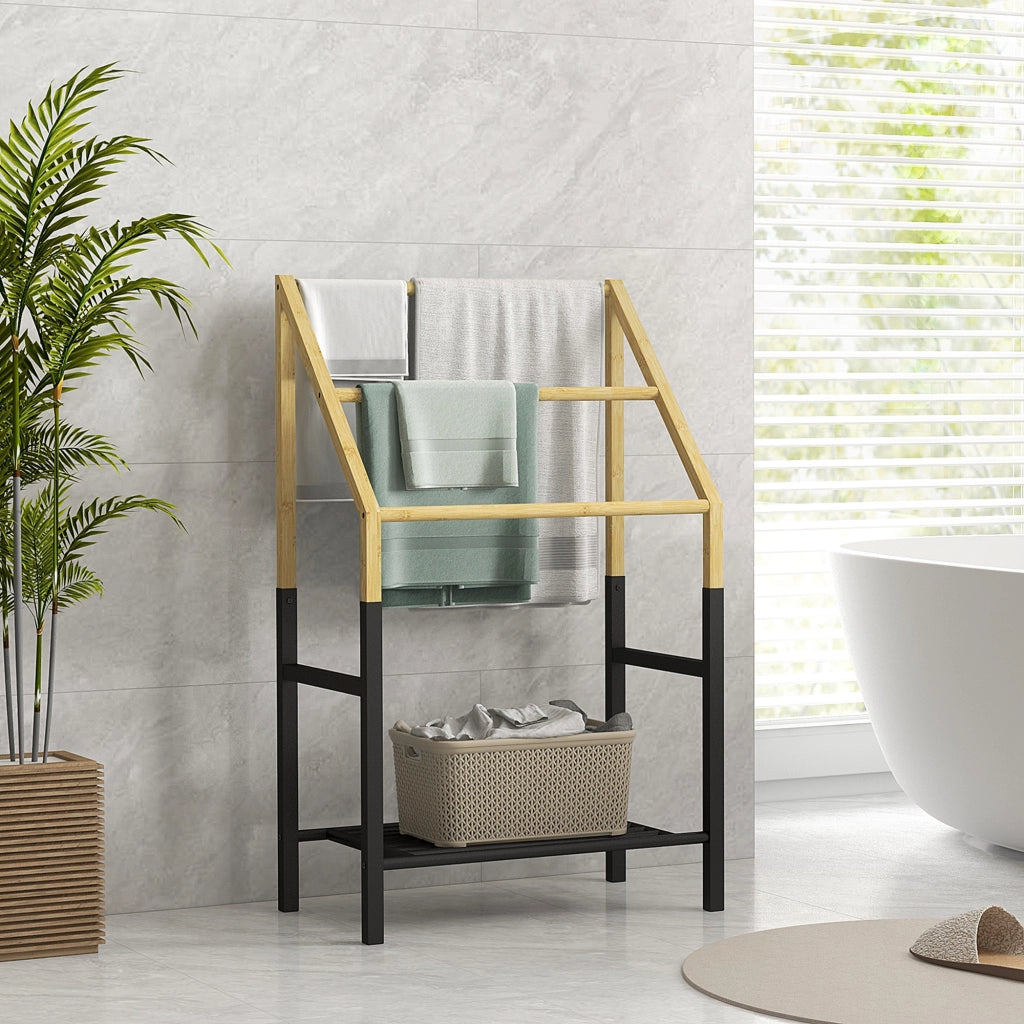 Portasciugamani a Terra con Ripiano ¨C Zephmum ¨C Nero e Legno 51x31x85.5 cm