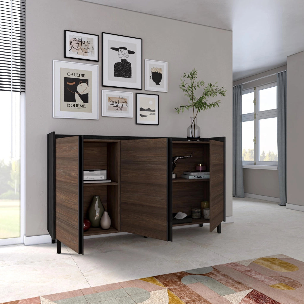 Credenza, Mobile, Cucina, 156x91x35 cm, 3 Porte, Design industriale, Rovere scuro e Nero