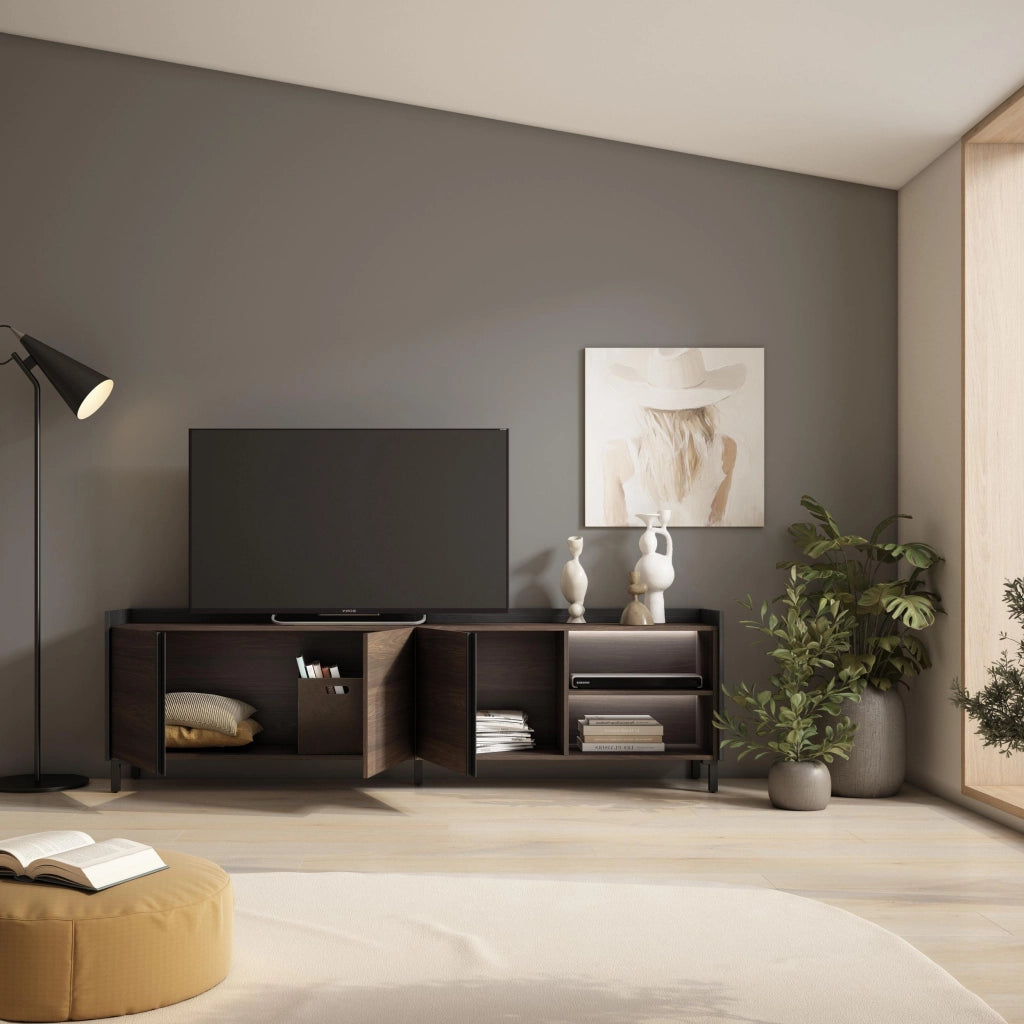 Mobile TV Soggiorno, 207x61x35 cm, Per TV fino a 80", Design industriale, LED, Rovere scuro e Nero