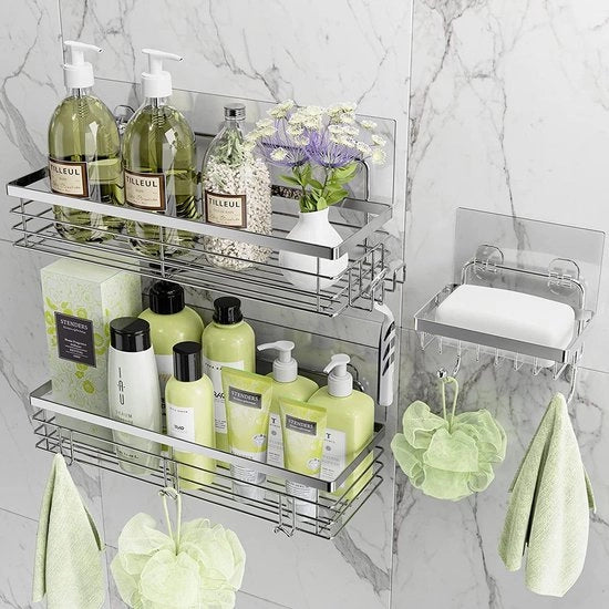 Organizzatore Bagno Autoadesivo con 5 Ganci - Cassetto per Sapone, Supporto per Scudo con 3 Pezzi in Acciaio Inossidabile Zinco