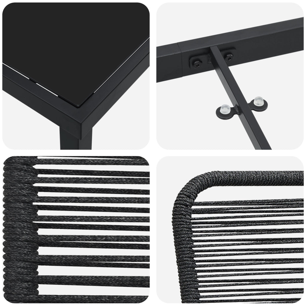 Set da pranzo da giardino 7 pezzi Nero Corda di cotone e acciaio