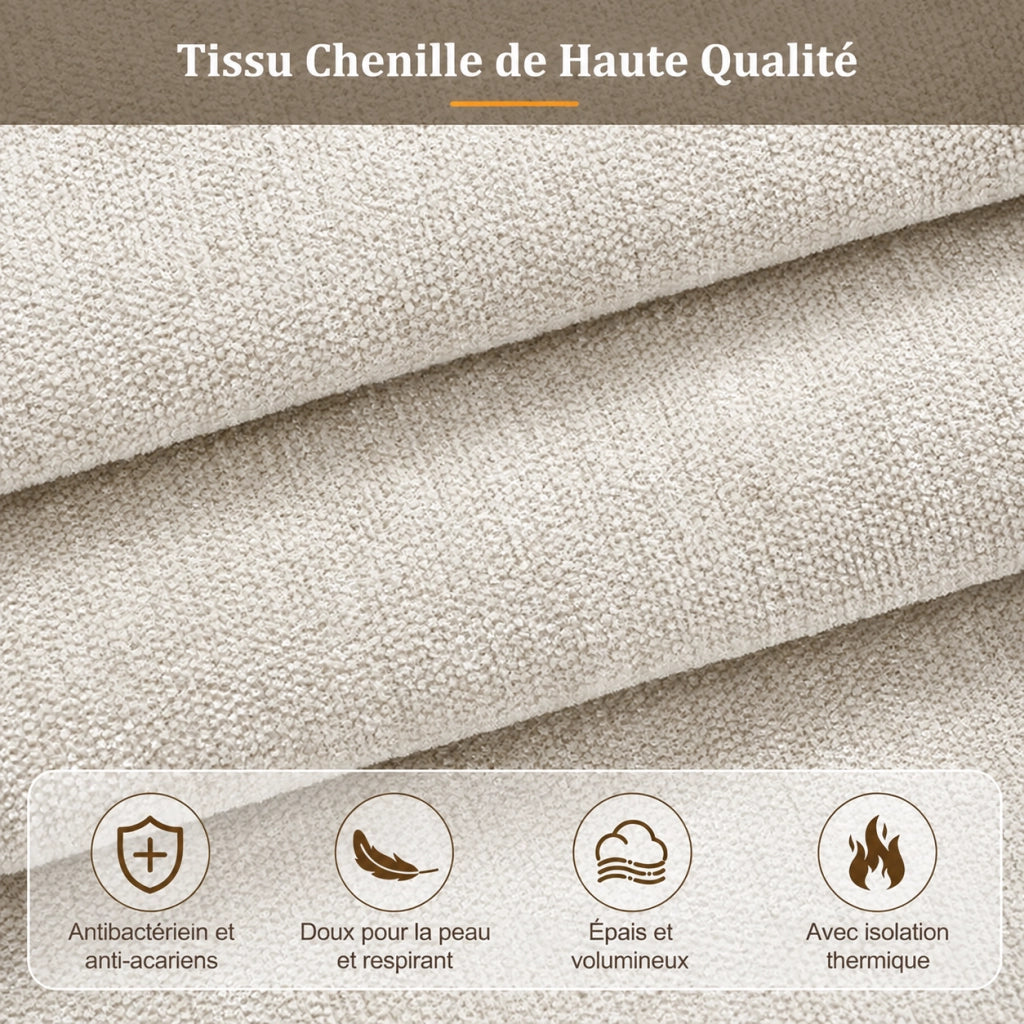 Letto matrimoniale imbottito 180x200 cm con rete a doghe e testiera capitonné; rivestimento in ciniglia; beige