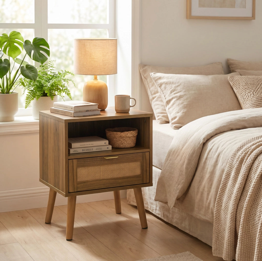 Comodino boho in rattan con cassetto e ripiano aperto color noce
