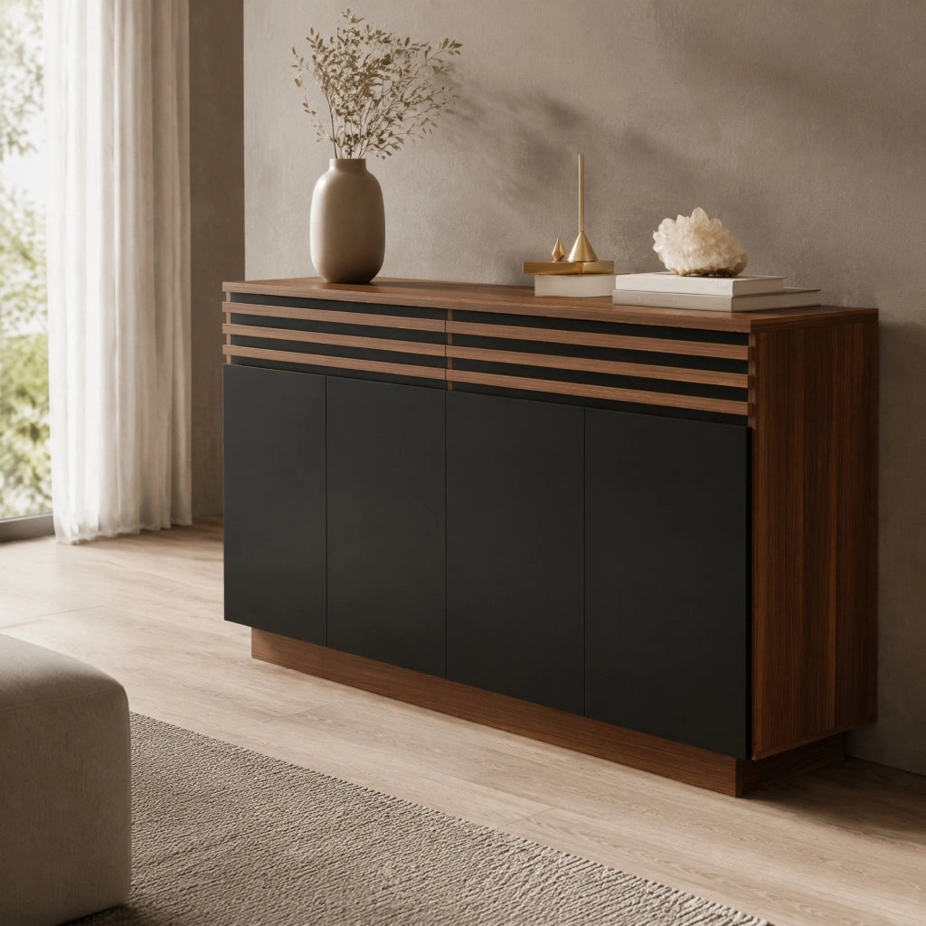 Credenza con 2 cassetti e 4 ante in MDF effetto legno marrone e nero per soggiorno e cucina 150 × 40 × 85 cm