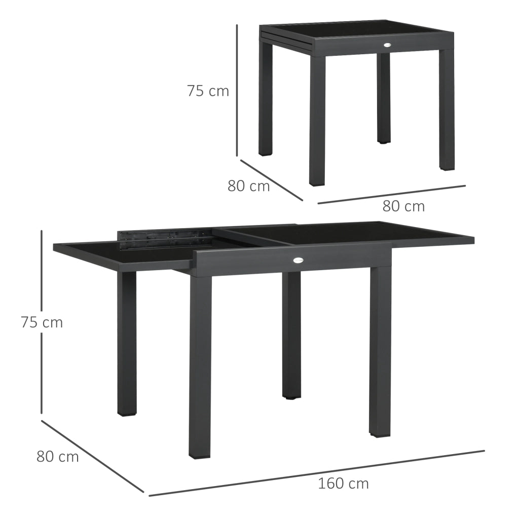 Tavolo da Pranzo Allungabile da Giardino con Piano in Vetro e Alluminio, 80-160x80x75 cm, Nero