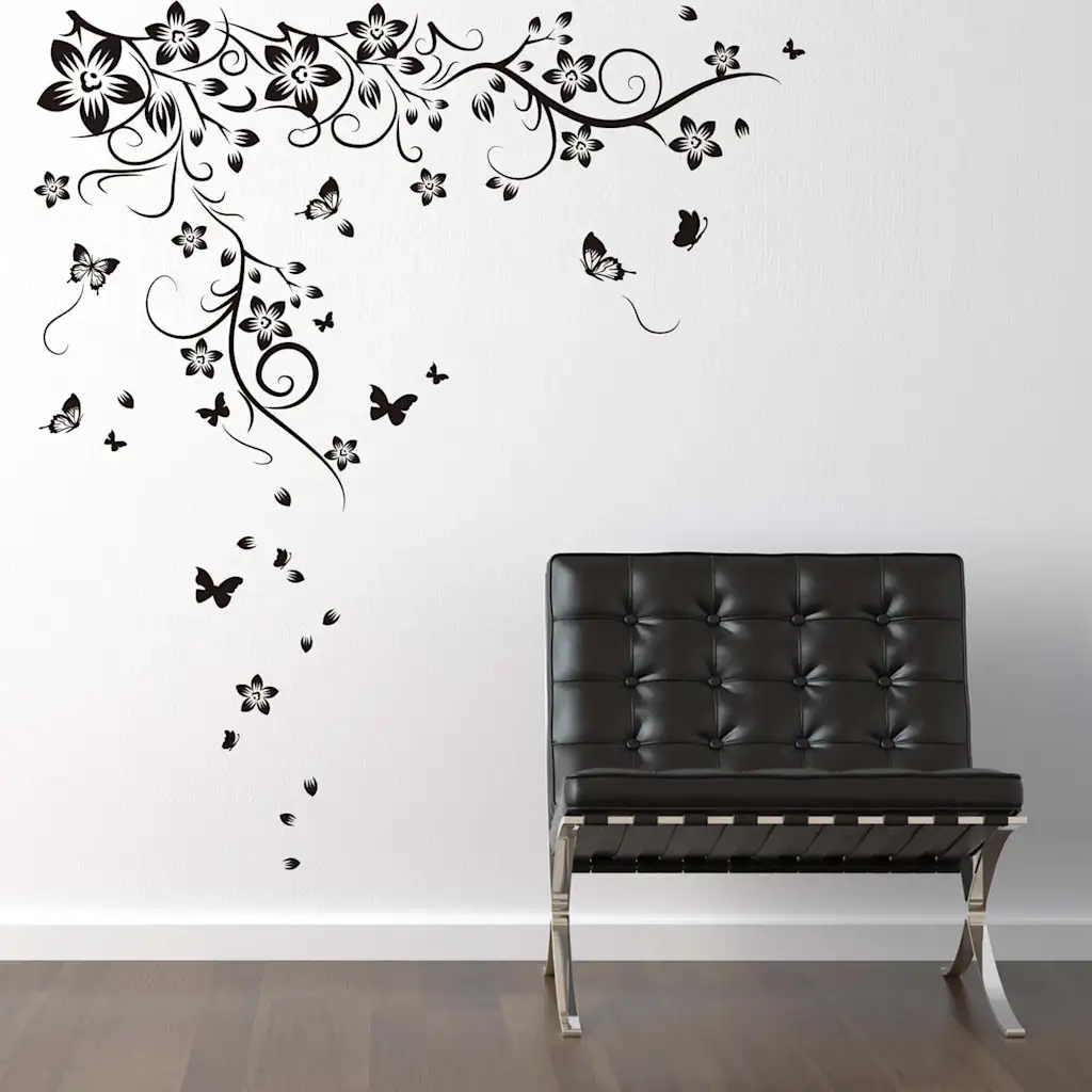 WALPLUS Adesivo Decorativo per Interni Vite e Farfalle 130x150cm Nero 425866