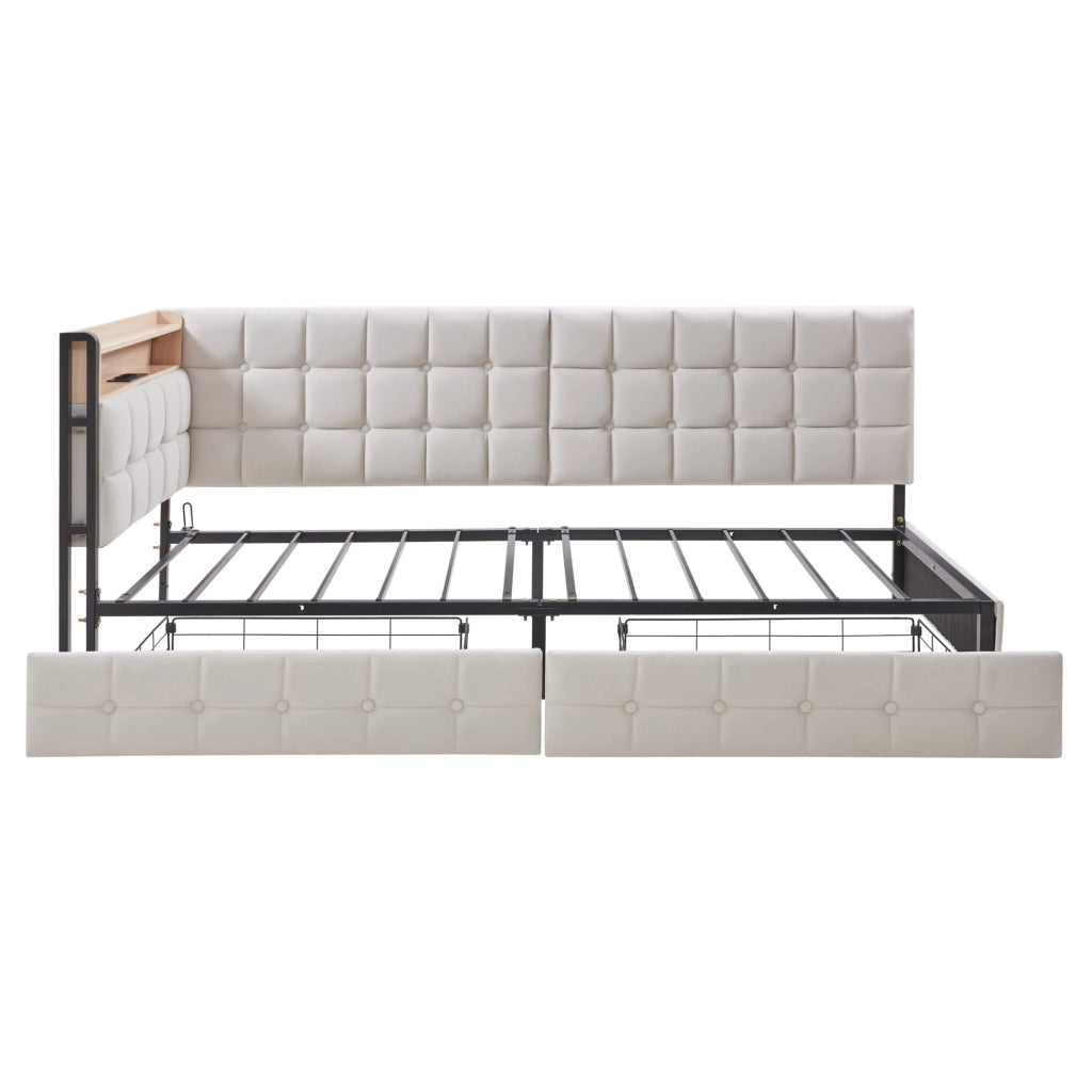 Divano letto 90x200 cm con 2 cassetti, LED, USB e USB-C in velluto beige