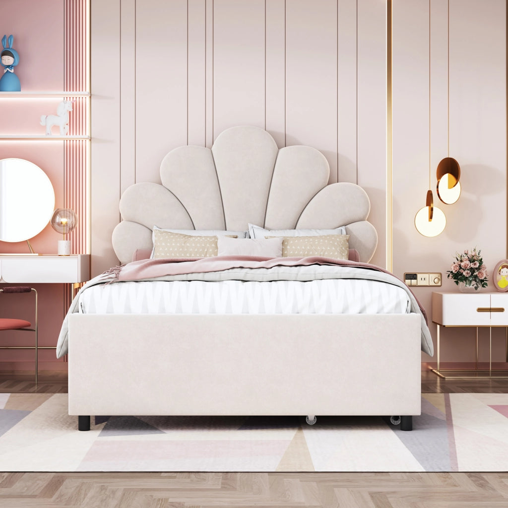 Letto per Bambini 90×200 cm con 2 Cassetti e Testiera Floreale; senza Materasso; Beige; Velluto
