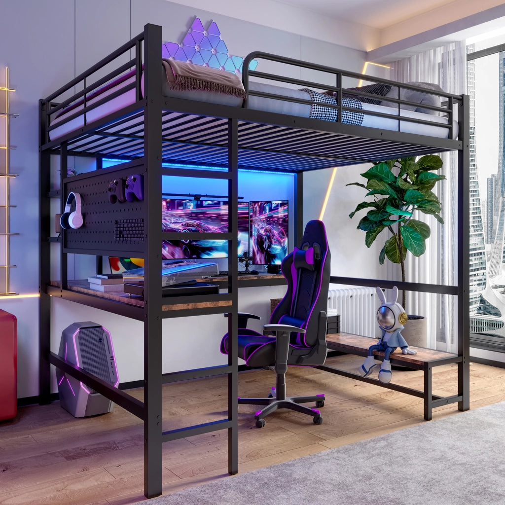 Letto a castello nero in metallo con scrivania led usb-c 140x200 cm